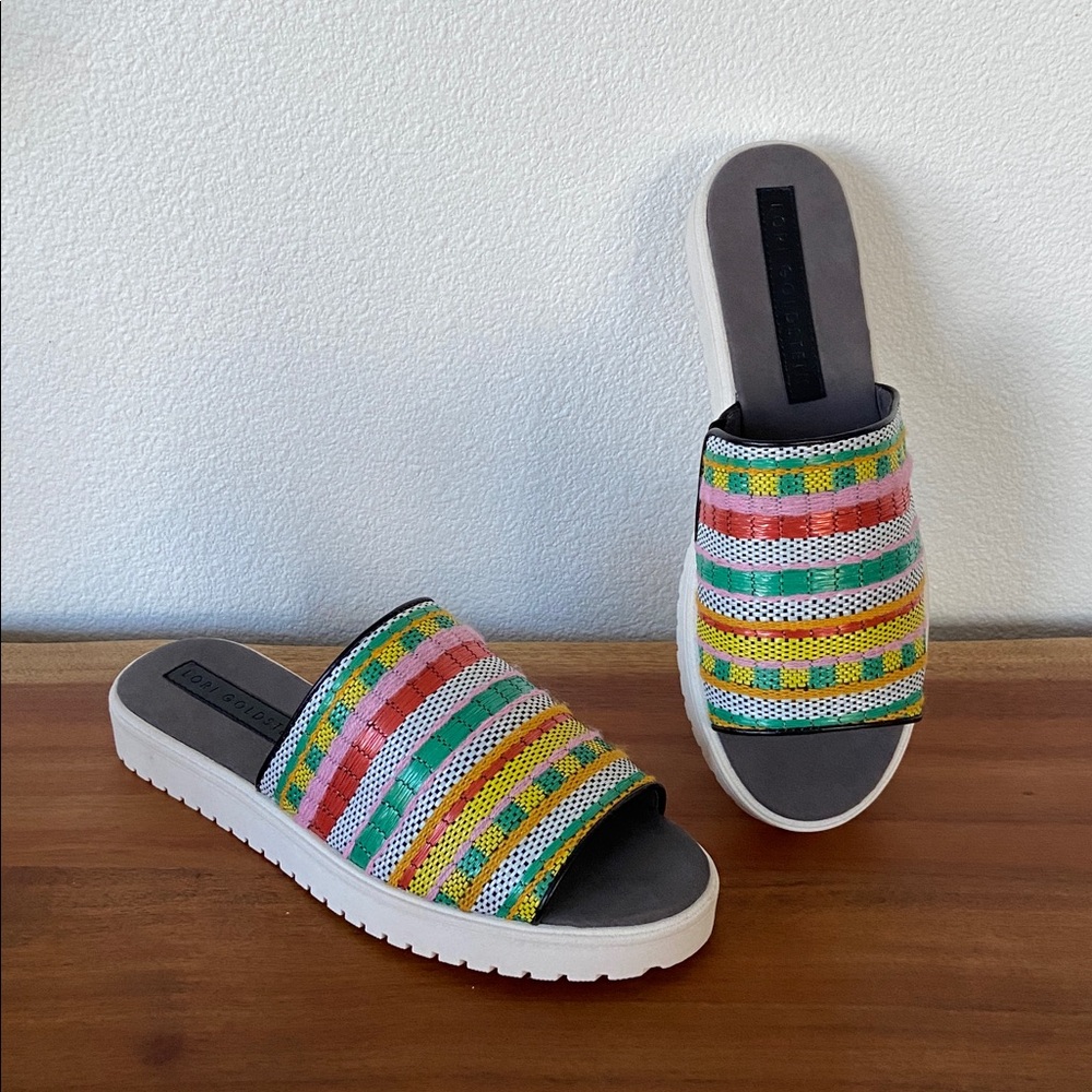 Anthropologie Lori Goldstein raffia slip on sandal yellow green rainbow stripe 9